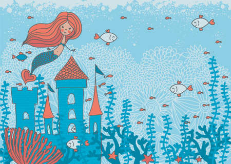 cartoon doodle illustration of a mermaid in corals with fish and an underwater castle with space for your textのイラスト素材