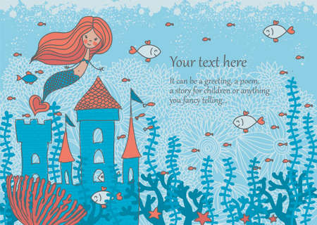cartoon doodle illustration of a mermaid in corals with fish and an underwater castle with space for your textのイラスト素材