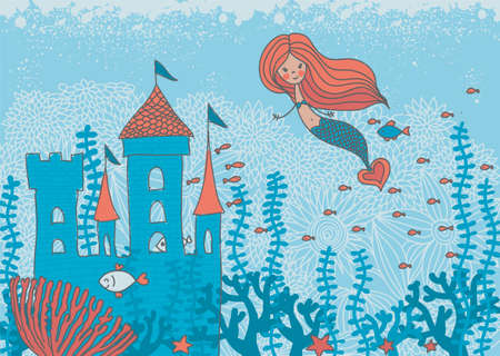 cartoon doodle illustration of a mermaid in corals with fish and an underwater castleのイラスト素材