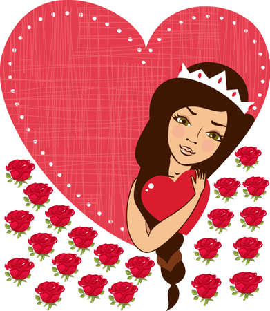  Beautiful woman holding red heart and  many  roses   Valentine day love conceptのイラスト素材