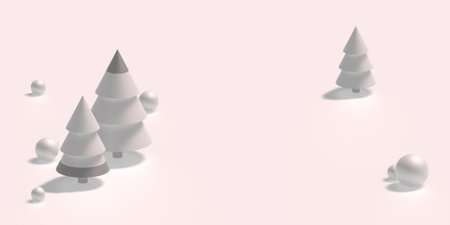 Winter 3d landscape with trees. Christmas tree from wood on background with snow. Christmas and New year decorations or greeting card.の写真素材