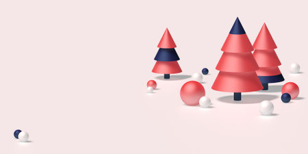 Winter 3d landscape with trees. Christmas tree from wood on background with snow. Christmas and New year decorations or greeting card.の写真素材