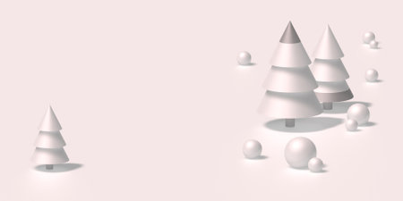 Winter 3d landscape with trees. Christmas tree from wood on background with snow. Christmas and New year decorations or greeting card.の写真素材
