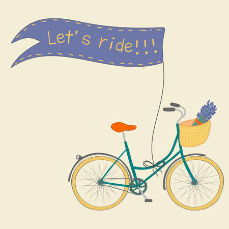 Beautiful poster with cute hand drawn city bike and handwriting message "Let's ride!!!".のイラスト素材