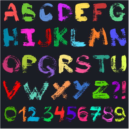 Hand drawn gouache alphabet. Handwritten multicolor colorful font isolated on black background. Contains uppercase letters, numbers and question and exclamation marks. Real paint texture.のイラスト素材