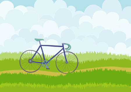 Beautiful simple cartoon meadow with blue racing bike on sky background. Can be used as backdrop or print.のイラスト素材