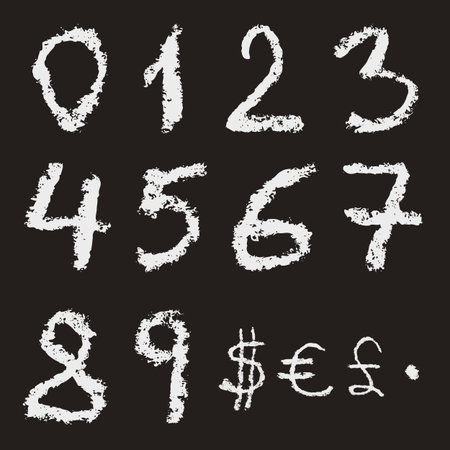 Hand written chalk numbers 0, 1, 2, 3, 4, 5, 6, 7, 8, 9 and currency signs: dollar, euro and pound sterling on black background. Real chalk texture.のイラスト素材