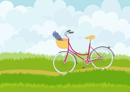 Beautiful simple cartoon meadow with pink city bike on sky background. Can be used as backdrop or print.のイラスト素材