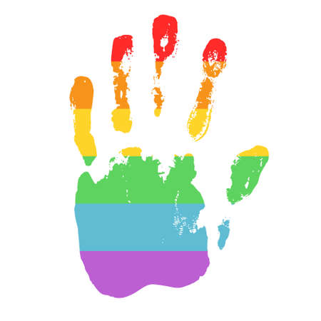 Gay and LGBT support symbol. Rainbow handprint isolated on white background. Real texture of hand imprint. Typography design element for posters, banners, icons and prints.のイラスト素材