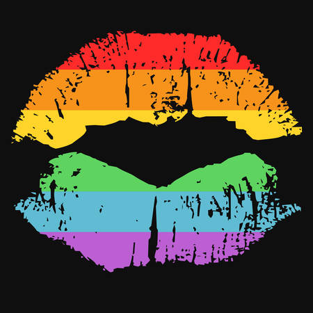 Poster with LGBT support symbol. Rainbow imprint of lipstick isolated on black background. Typography design element for posters, banners, icons and prints.のイラスト素材