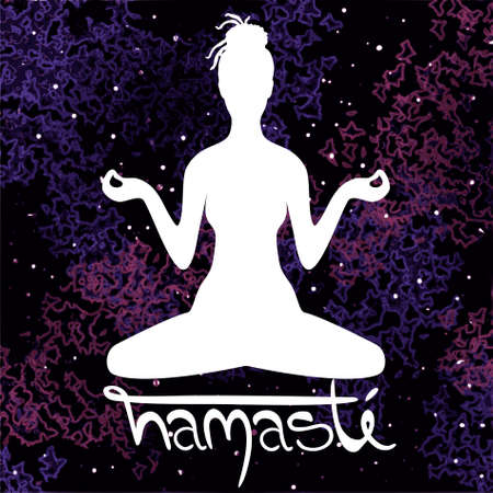 Illustration of meditation in lotus position of yoga. White silhouette of woman with dreadlocks isolated on a colorful universe background and hand drawn lettering "Namaste".のイラスト素材