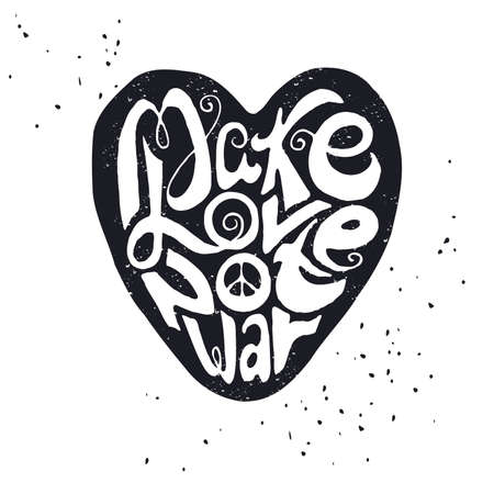Hand drawn typography poster. Black silhouette of heart on white background with inscription "Make love not war". Inspirational motivation illustration.のイラスト素材