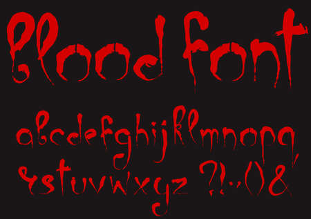 Bloody alphabet set. Lowercase dark red stylized hand drawn letters and most important punctuation marks isolated on a black background. Ideal font for a halloween party posters and invitations.のイラスト素材