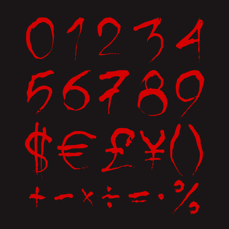 Set of Bloody numbers. Dark red stylized hand drawn numbers and most important mathematical signs isolated on a black background. Ideal font for a halloween party posters and invitations.のイラスト素材