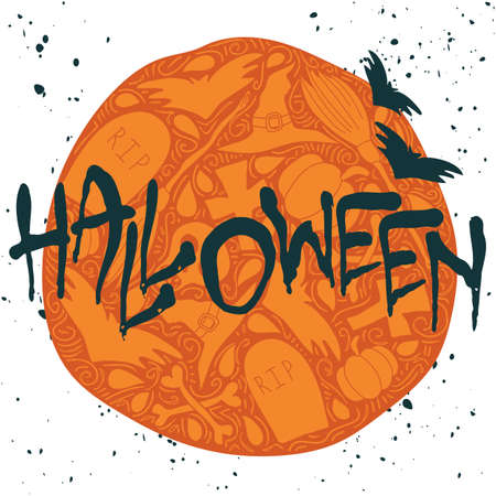 Halloween poster with black handwritten lettering on a orange decorative circle background. Hand drawn traditional elements, bats and ornate round on a messy grungy white backdropのイラスト素材