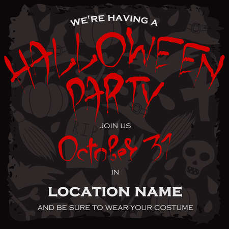 Dark template for Halloween party. Poster with handwritten red bloody text on  a decorative grey background with traditional elements silhouettes in a messy grungy black frame.のイラスト素材