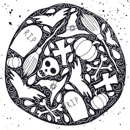 Halloween poster with white silhouettes of traditional elements on a black decorative circle background. Hand drawn ornate illustration on a messy grungy white backdropのイラスト素材