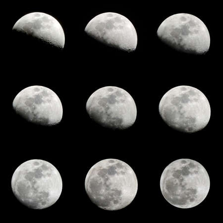 Set of moon phases which in detail shows the period of the second quarter of lunar month. Silhouette of 9 crescent moon isolated on black background. From 8 to 16 lunar days of lunar calendar.の写真素材