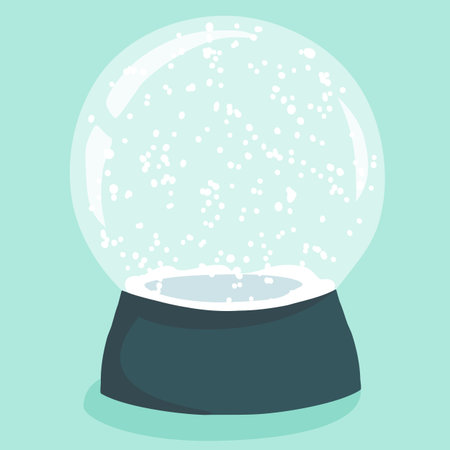 Bright illustration with cute cartoon snow globe in green stand on light-blue background. Fully editable christmas design element with empty space to place your decoration detailのイラスト素材