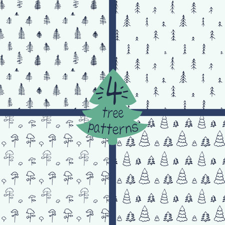 Set of 4 simple cartoon seamless patterns with cute trees on white background. Flat illustration for...