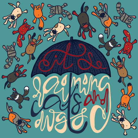Bright poster with silhouette of umbrella and english idiomatic expression it is raining cats and dogs. Handwritten lettering of proverb and figures of flying cats and dogs on green background.のイラスト素材