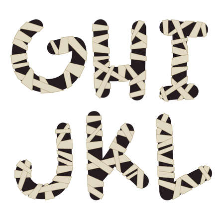 Unusual mummy style alphabet. Hand drawn dark grey letters wrapped with beige bandages isolated on white background. Ideal font for a halloween party posters and invitations.のイラスト素材