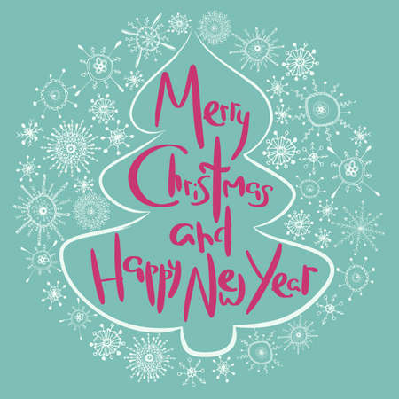 Cute xmas greeting card with fir tree shape and pink lettering in a decorative ornate circle with hand drawn white snowflakes on a green background.のイラスト素材