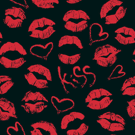 Seamless pattern with lipstick kisses. Imprints of red lipstick, hearts and word kiss isolated on a black background. Can be used for design of fabric print, wrapping paper or romantic greeting card