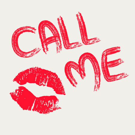 Conceptual illustration with imprint of red lipstick. Phrase call me written by red lipstick and lips print isolated on a white backgroundのイラスト素材