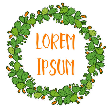 Decorative circle frame. Branch of green cactus with orange fruit. Ornate round ornamental wreaths for use as a decorative element, for logo or emblem. Sample textのイラスト素材