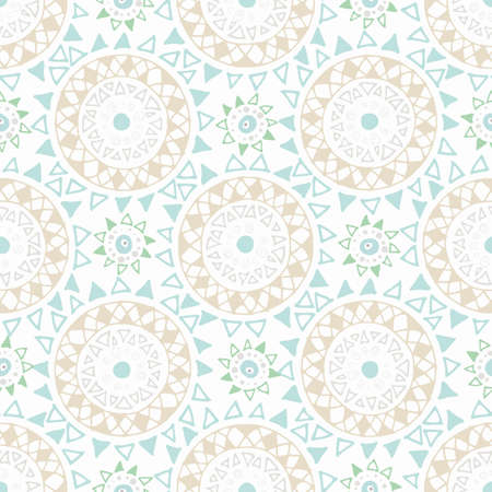 Decorative boho seamless pattern. Endless print with yellow, blue and beige round ornaments on white background. Colorful repeating tribal artistic backdrop. For cloth design, wallpaper or wrappingのイラスト素材