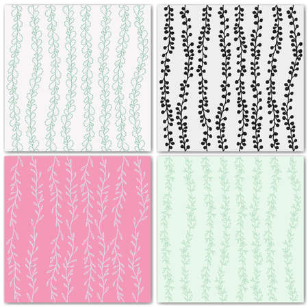 Set of 4 decorative seamless patterns with hand drawn vertical branches. Stylish handmade endless background. Cactus branch, leaf and doodle.のイラスト素材