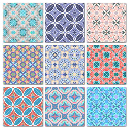 Set of 9 decorative mosaic seamless patterns. Endless prints with geometric ornaments in blue, red and yellow shades. Colorful repeating artistic backdrop. For cloth design, cover, wallpaper, wrappingのイラスト素材