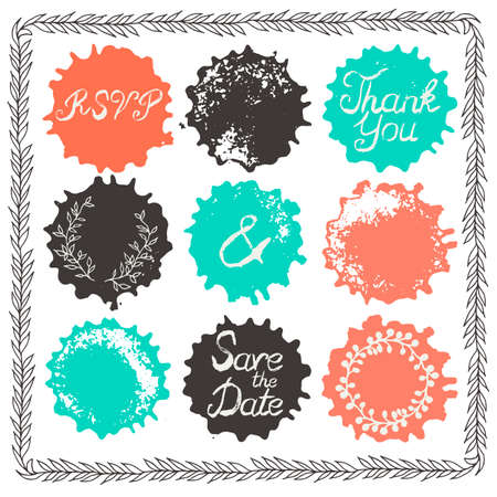 Set of 9 decorative wedding and romantic elements. Watercolor hand drawn circles with grungy lettering and floral decorations. Trendy black, orange and blue shapes with rough edges isolated on white.のイラスト素材