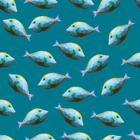 Seamless pattern with polygonal unicornfishes. Triangle low polygon style. Endless backdrop with...