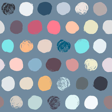 Seamless polka dot pattern. Dry brush painted circles with rough edges. Trendy hipster texture. Hand drawn endless stylish backdrop. Colorful shapes on grey background. Fabric, wallpaper, wrappingのイラスト素材