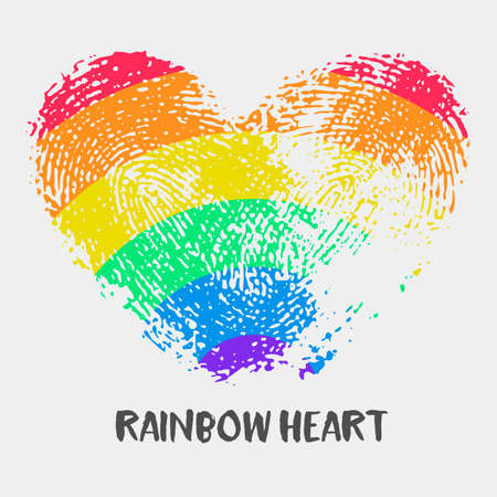 Conceptual logo with fingerprint rainbow heart. Simple flat icon with heart stamp in rainbow colors of LGBT flag. Gay and lesbian support symbol. Heart mark for posters or prints devoted on LGBT themeのイラスト素材