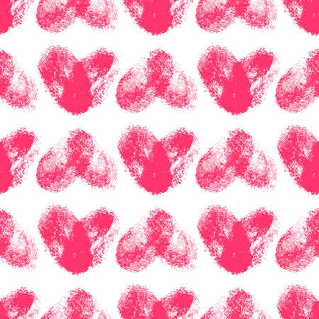 Seamless pattern with fingerprint hearts. Hand drawn heart shapes with rough edges. Trendy texture. Endless stylish backdrop. Pink thumbprint hearts on white background. Fabric, wallpaper, wrappingのイラスト素材