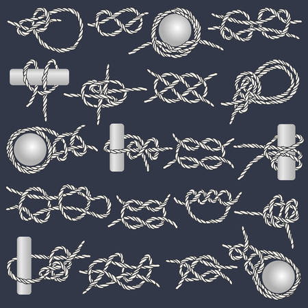 Set of nautical rope knots. Basic marine knots. Illustration for navy and nautical design. Hand drawn rope knots. Vintage elements for posters, prints and logo. Most used nautical rope knots bundleのイラスト素材