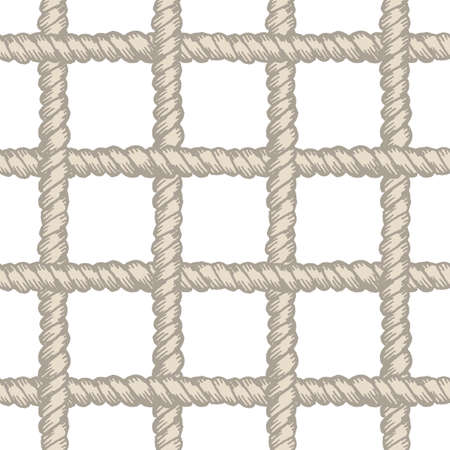 Marine rope net seamless pattern. Endless navy illustration with beige rope ornament, horizontal and vertical cord strokes on white background. Trendy textured backdrop. Fabric, wallpaper, wrappingのイラスト素材