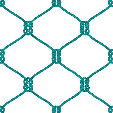Seamless nautical rope knot pattern. Endless navy illustration with green fishing net ornament and marine knots on white backdrop. Trendy maritime style background. For fabric, wallpaper, wrapping.のイラスト素材