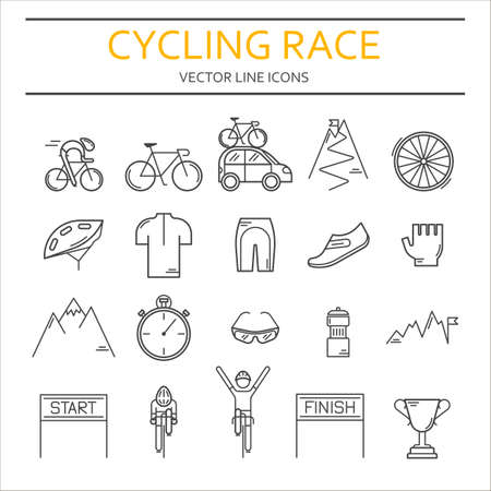 Set of 20 Bicycle Race modern linear icons. Black outline templates of cycling competition isolated on white. Bicycling championship elements made in trendy thin line style vector.のイラスト素材
