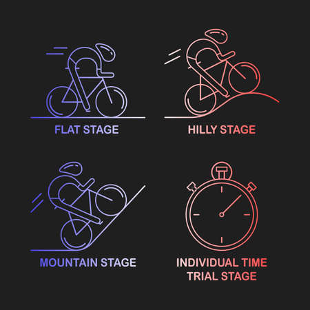 Set of 4 linear icons of cycling race stage types. Outline infographics templates in French flag tricolor isolated on dark background Bicyclists and stopwatch made in trendy thin line style vector.のイラスト素材