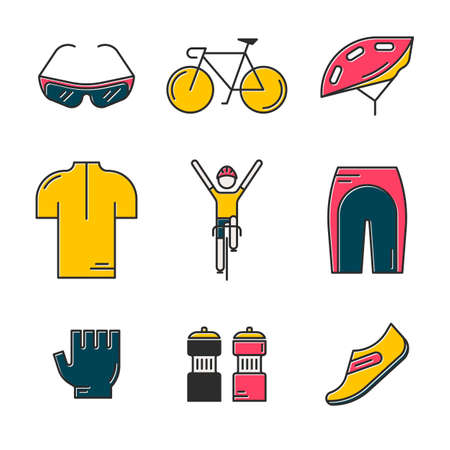 Set of 9 Bicycle Race modern colorful icons. Bright templates of cycling in isolated on white background. Bicycling elements and accessories made in trendy thin line style vector.のイラスト素材