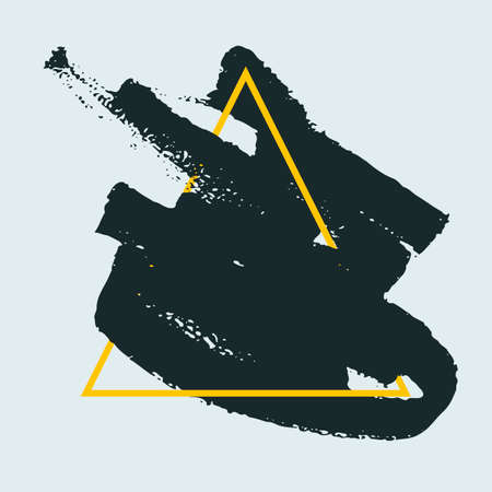 Abstract handdrawn background. Hand painted ink black smear with rough edges and yellow thin triangle frame isolated on white backdrop. Empty template - Trendy Vector illustrationのイラスト素材