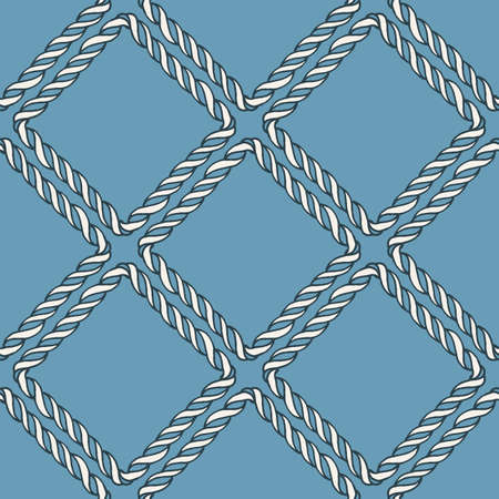 Seamless nautical rope knot pattern. Endless navy illustration with white fishing net ornament on blue backdrop. Trendy maritime style background. For fabric, wallpaper, wrappingのイラスト素材