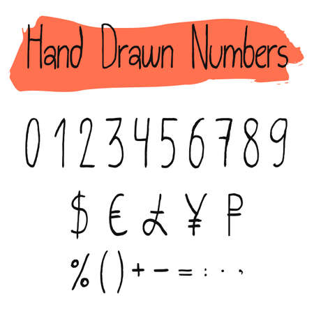Handwritten simple vector numerals set. Handdrawn thin numbers, percent, currency and math signs. Black symbols shapes isolated on white background.のイラスト素材