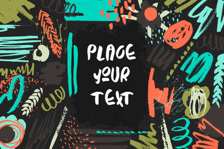 Textured decorative presentation card. Handdrawn textures, colorful shapes, lines and splashes on black. Editable template - non cropped elements. Trendy design for poster, invitation, decorationsのイラスト素材