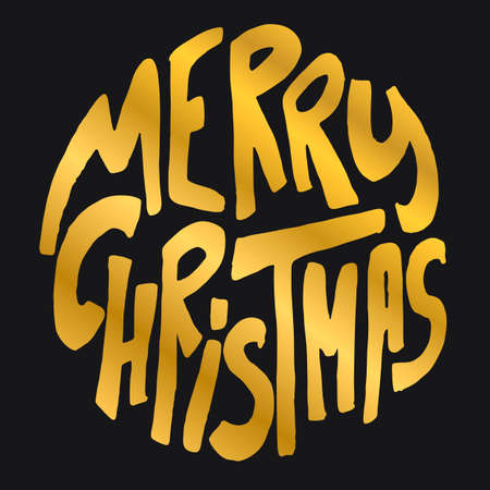 Decorative Greeting Card with handdrawn lettering. Handwritten gold phrase Merry Christmas in circle form isolated on black background. Trendy rough vector design element for xmas decor and postersのイラスト素材