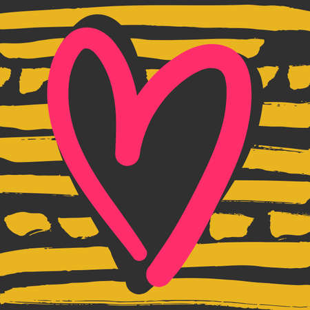 Decorative modern card. Typography poster with black and pink heart shape on yellow striped background. Stylish colorful design element for wedding, valentines day, save the date or romantic designのイラスト素材